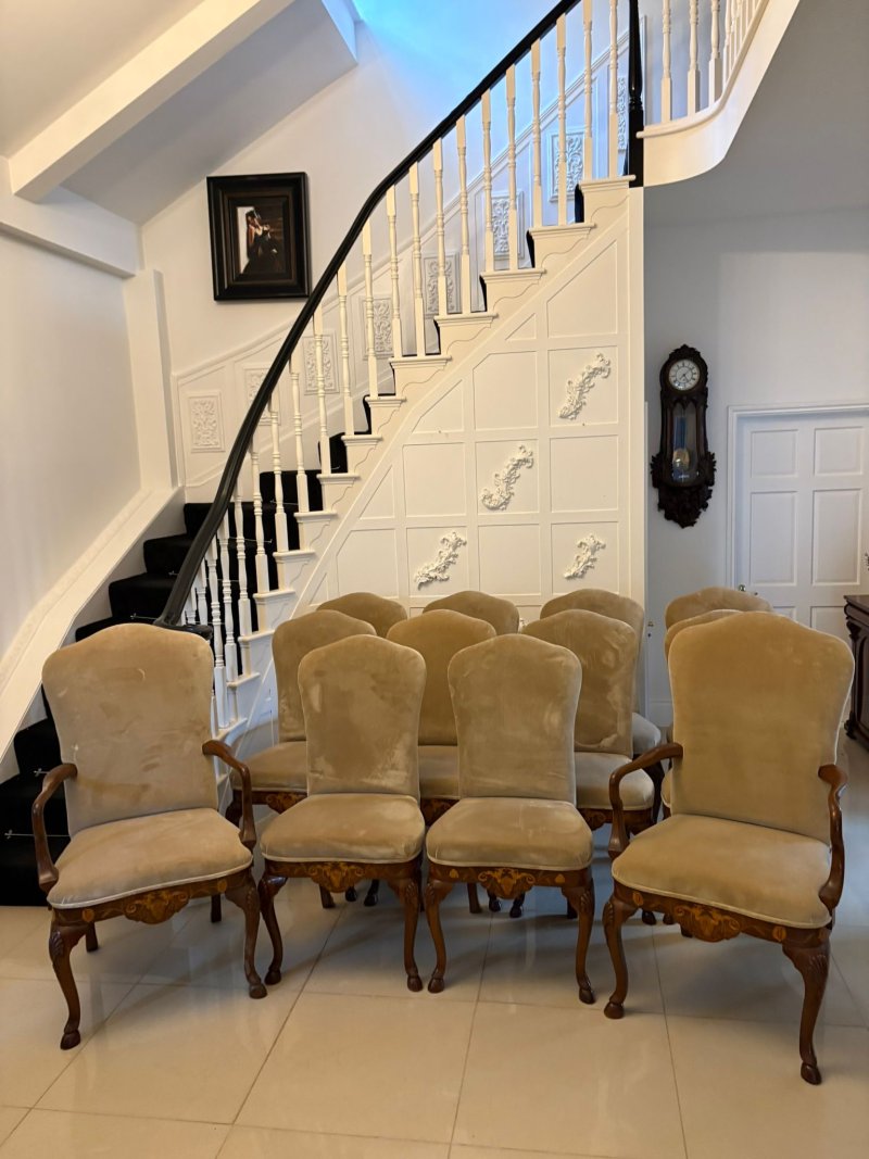 Set of 12 Antique Quality Burr Walnut Inlaid Marquetry Dining Chairs - Image 4